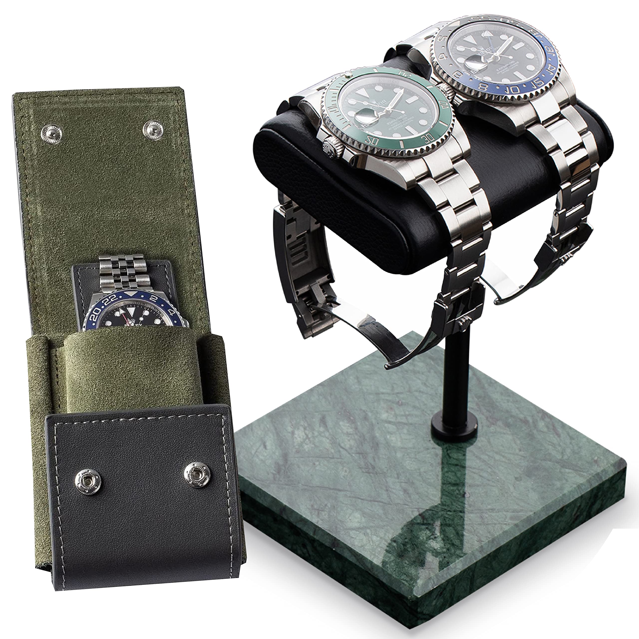 QWATCHBANDS Leather Travel Watch Pouch + Watch Stand with Marble Base (Green)
