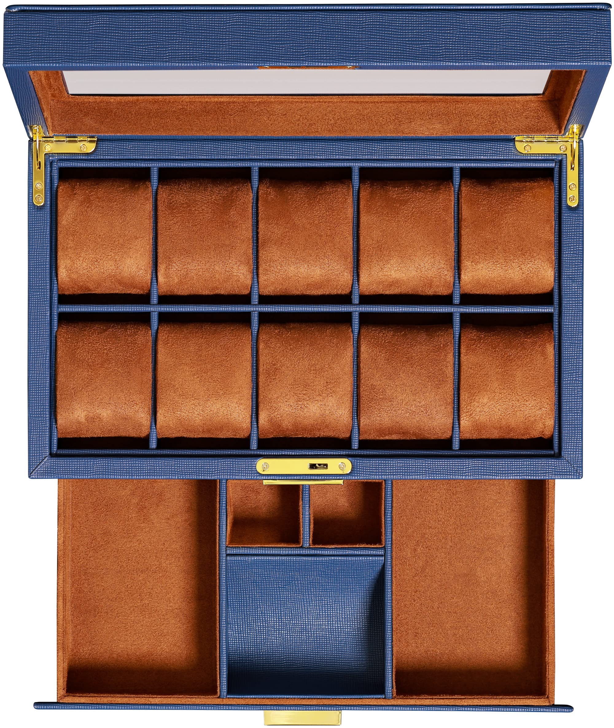10 Slot Leather Watch Box with Matching 3 Slot Watch Roll - Luxury Watch Case Display Organizer Microsuede Liner, Locking Mens Jewelry Watches Holder, Men's Storage Boxes Holder Glass Top Blue/Tan