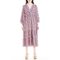 Max Studio Women's Long Sleeve Tiered Maxi Dress, Cream/Pink Floral Clover Field