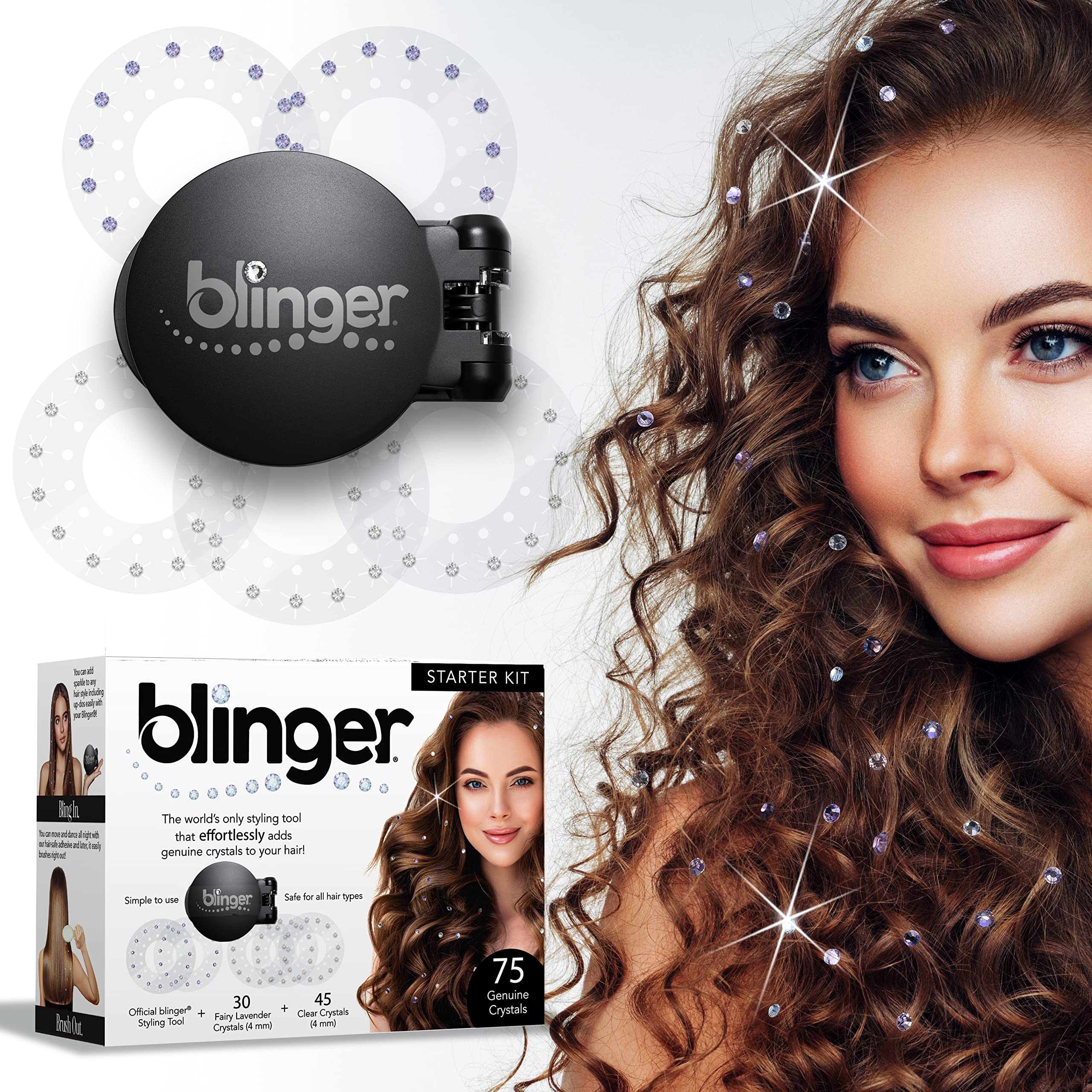 blinger Starter Kit | Women's Hair Styling Tool + 75 Precision-Cut Glass Crystals | Bling Hair in Seconds! Bedazzling Multi-Faceted Gems | Hair-Safe – Bling In Brush Out | By Blinger Kids Inventor