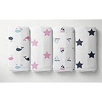 Bacati - 4 Pack Baby Swaddle Blanket Girls Swaddle Wrap Soft Breathable Cotton Muslin Swaddle Blankets Receiving Blanket for Girls, Large 45 x 45 inches (Boats/Whales Blue/Navy/Pink)