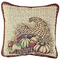 Fall Harvest Thanksgiving Autumn Leaves Sunflowers Fruits Pumpkins Tapestry Pattern, Polyester Cotton Woven Tapestry , Cornucopia, 18 Inch x 18 Inch, Decorative Throw Pillow Cover
