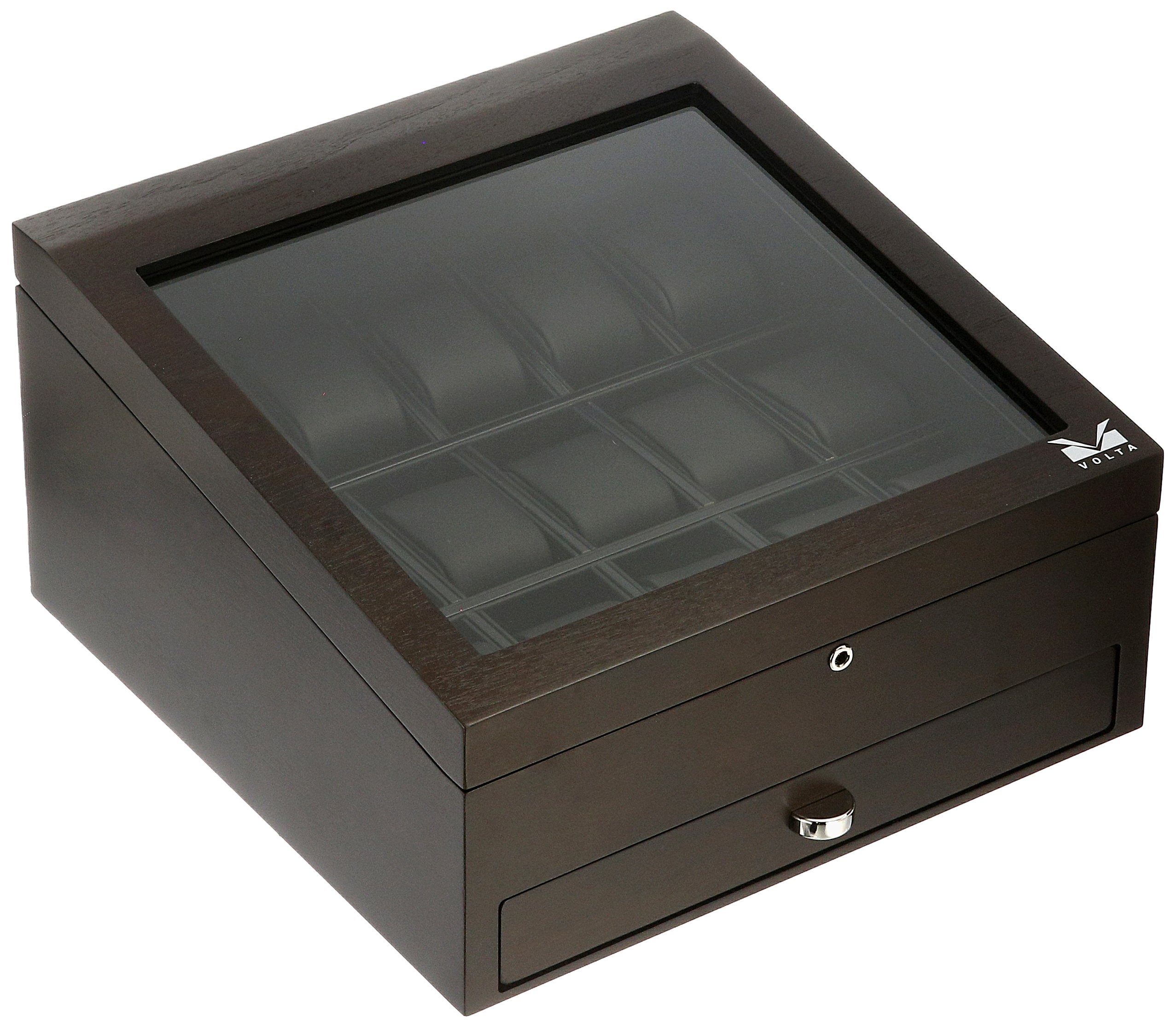 Volta Lockable 15-Watch Leather-Lined Matte-Finished Case with See-Through Top and Storage Drawer