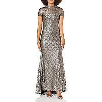 Women's Mock Neck Lace Gown with Flaired Back Hem and S/S