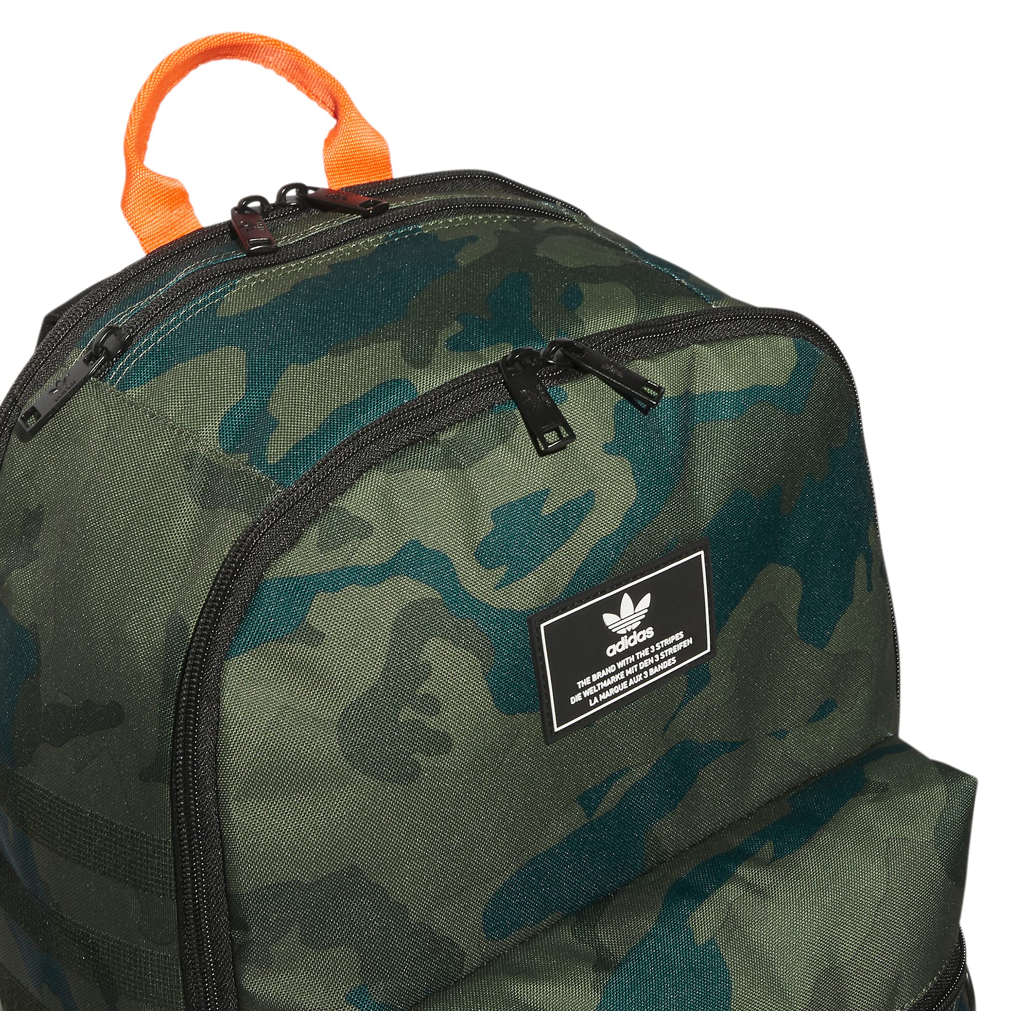 adidas Originals National 3.0 Backpack, Classic Camo Olive Cargo/Black/Impact Orange, One Size