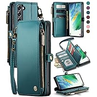 Defencase for Galaxy S21 FE 5G Case, 【RFID Blocking】 for Samsung Galaxy S21 FE 5G Case Wallet Women Men with Card Holder, Zipper Magnetic Flip PU Leather for Samsung S21 FE 5G Phone Case, Blue Green