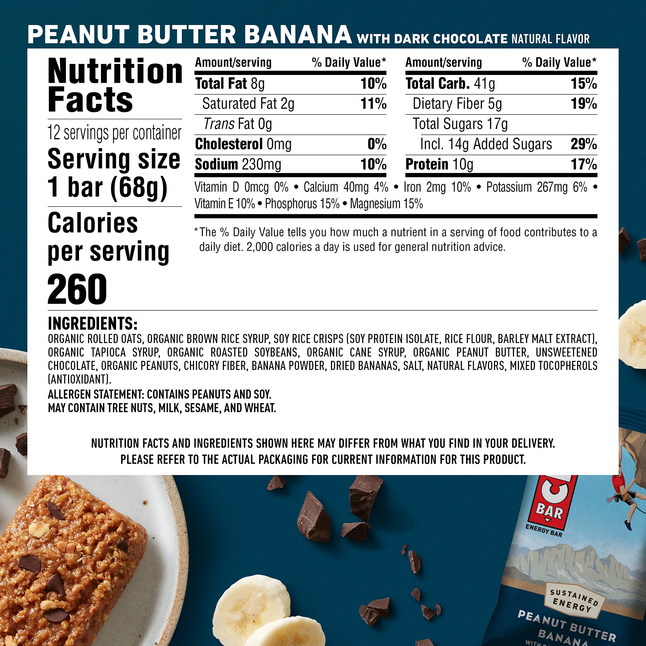 Clif Bar - Energy Bars - Peanut Butter Banana with Dark Chocolate - Made with Organic Oats - Plant Based Food - Vegetarian - Kosher, 2.4 Ounce (Pack of 12), Packaging May Vary