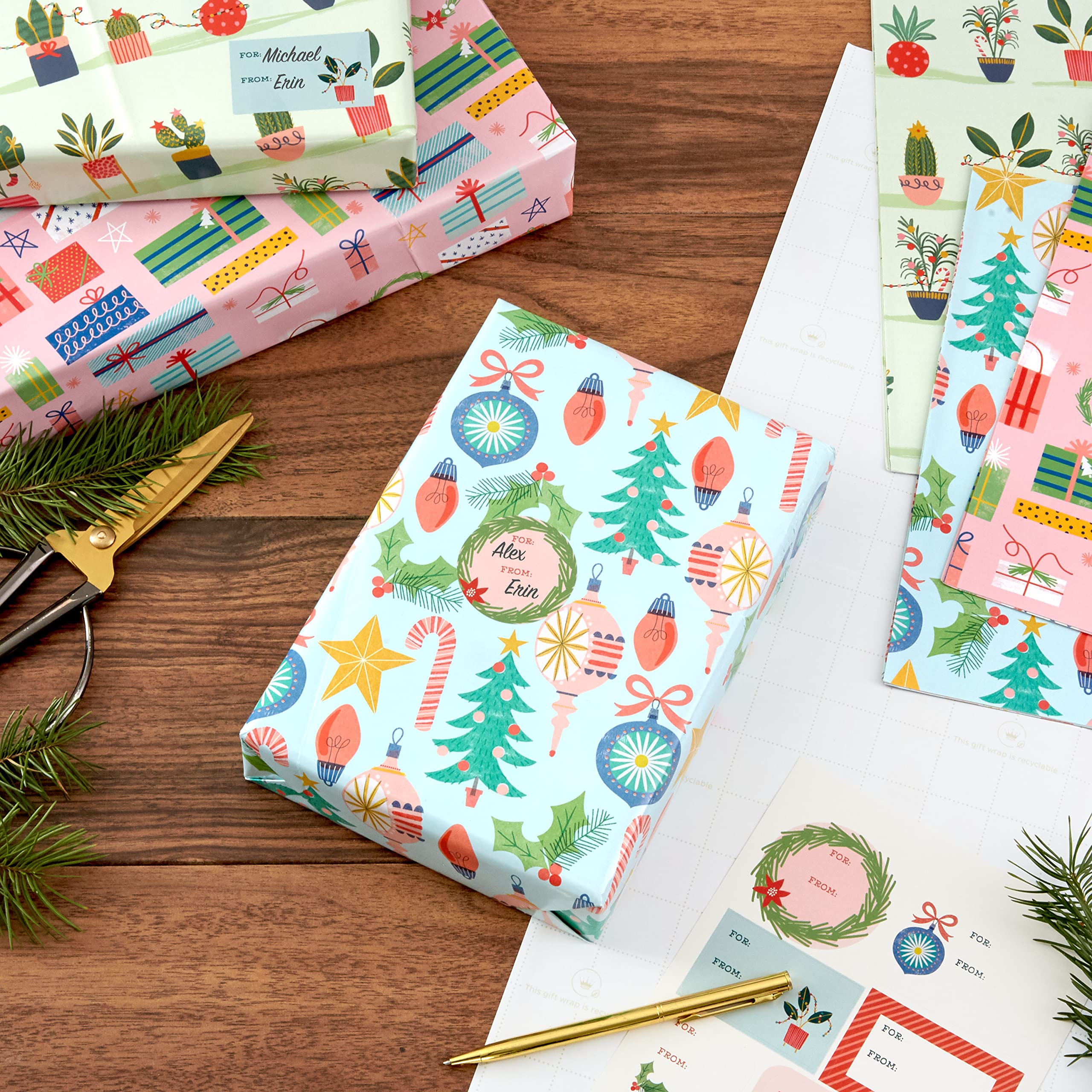 Hallmark Cute Christmas Flat Wrapping Paper Sheets with Cutlines on Reverse (12 Folded Sheets with Sticker Gift Tags) Pink, Mint Green, Plants, Cactus, Presents, Ornaments