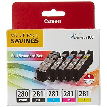 Canon PGI-280 / CLI-281 5 Color Ink Pack, Compatible to TS8120,TS6120,TR8520,TR7520, and TS9120 Wireless Printers, Multi, PGI-280 Full Standard Set