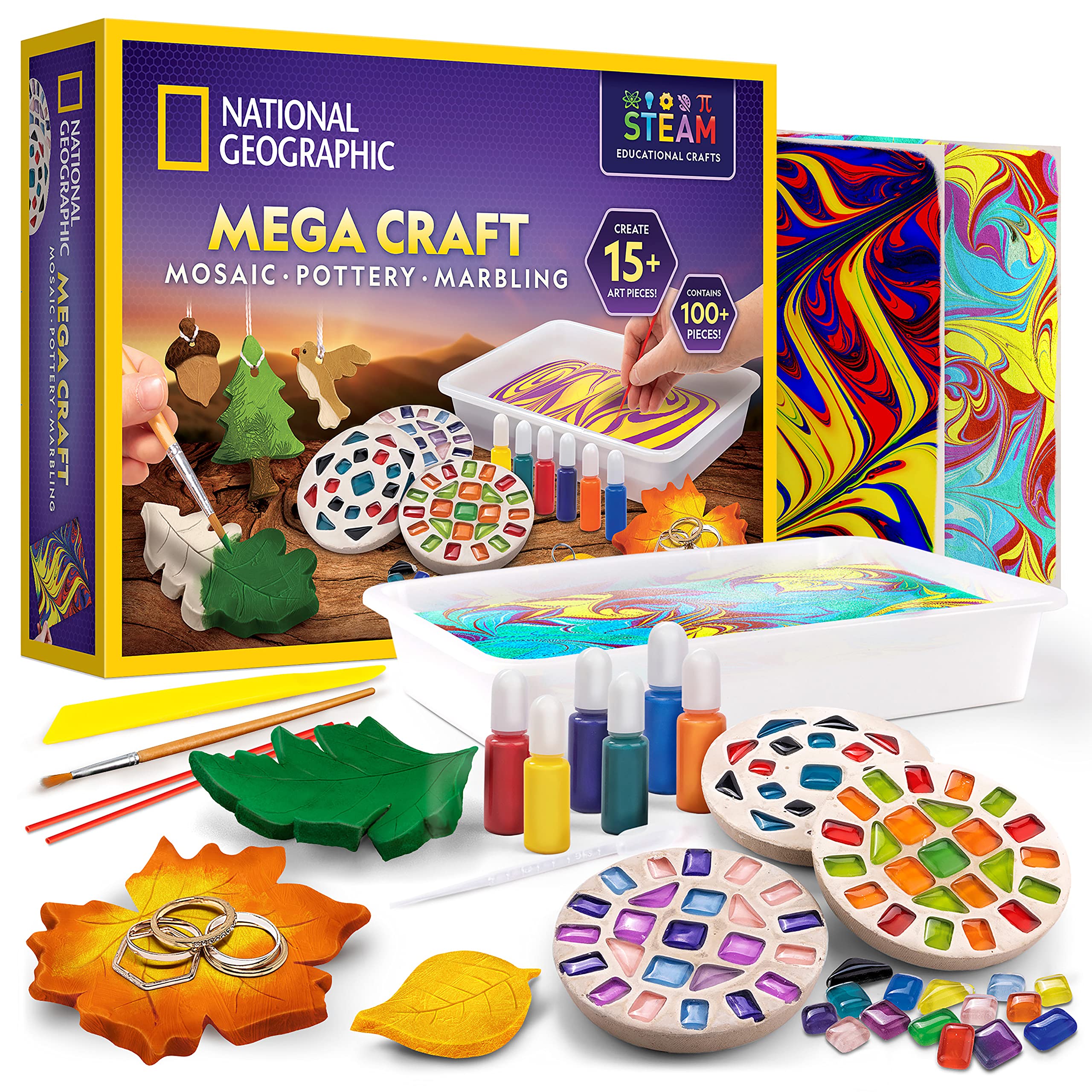NATIONAL GEOGRAPHIC Mega Arts and Crafts Kit for Kids – Mosaic Kit, Marbling Paint Kit & Air Dry Clay Pottery Kit – Art Projects for Kids Ages 8-12, Crafts for Girls and Boys (Amazon Exclusive)