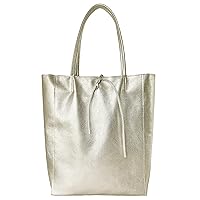 Women's Italian Tote Bag with Zipper Closure from Soft Metallic Genuine Leather for Shopping, Work, Travel