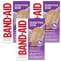 Band-Aid Brand Adhesive Bandages for Sensitive Skin, Durable Hypoallergenic Bandages to Protect Minor Cuts, Scrapes & Burns, Sterile, Assorted Sizes, Three Pack, 3 x 20 ct
