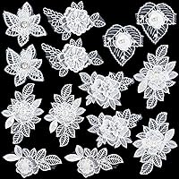 PAGOW 14pcs 3D Flower Lace Embroidery,Sew on Beaded Flower Sequence Lace Applique Patches, Rhinestones Lace Trim Fabric Pearl Appliques, for Wedding Bride Dress, Repairing and Decorating Clothing