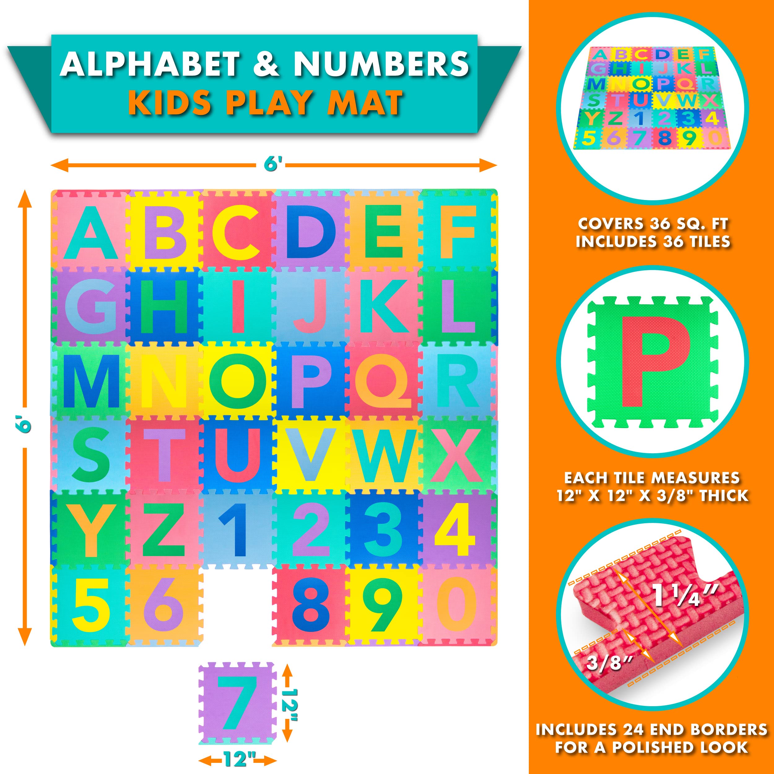 ProSource Kids Puzzle Alphabet, Numbers, 36 Tiles and Edges Play Mat, 12