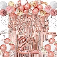 Rose Gold 21st Birthday Party Decorations for Her, Rose Gold Balloons Happy Birthday Banner Crown Sash Tissue Paper Pompoms for Girls Women 21 Birthday Decoration Princess Party Supplies