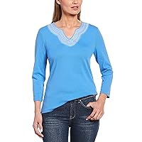 Rafaella Women's Rib Knit 3/4 Sleeve Top with Multi-Color Embroidery