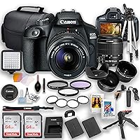 Canon EOS Rebel 4000D / T100 DSLR Camera | 18MP | with Canon 18-55mm Lens + LED Video Light + 2X 64GB Memory, Extra Battery, Wideangle and Telephoto Lens, Filters, Tripod Kit & More
