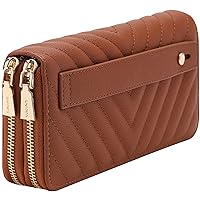 B BRENTANO Vegan Leather Double Zipper Pocket Wallet with Grip Hand Strap (Chevron Embroidered Brown)