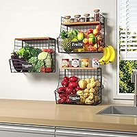 Fruit Basket for Kitchen with Wood Lid - Counter&Wall Mounted Onion and Potato Storage with Nameplate, Stackable Storage Basket, Hanging Metal Wire Baskets Kitchen Countertop Organizer Pantry 3 Pack