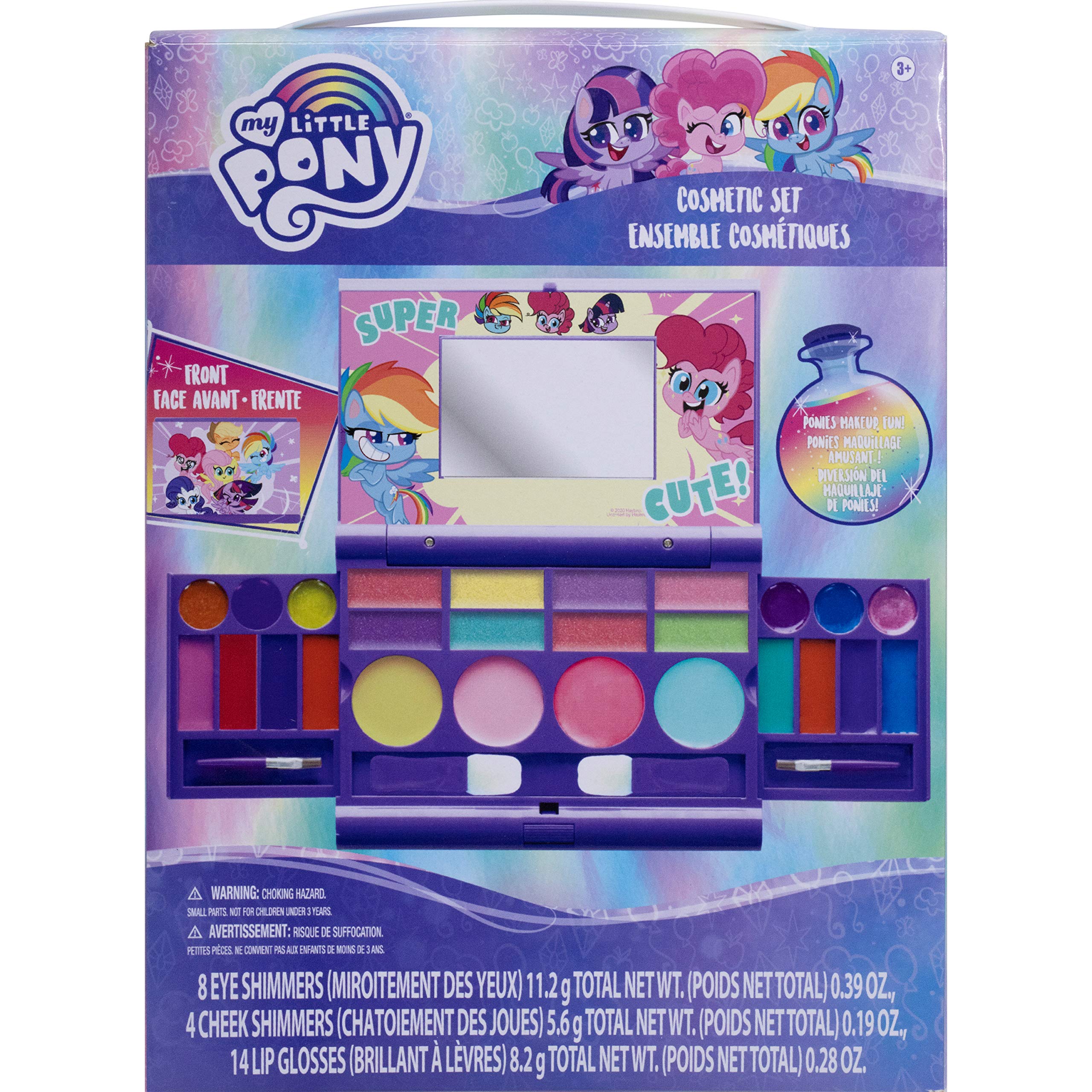 Townley Girl My Little Pony Hasbro Cosmetic Compact Set with Mirror 14 Lip glosses, 4 Cheek Shimmers, 8 Eye Shimmer Portable Foldable Washable Make Up Beauty Kit Box Toy Set for Girls & Kids