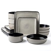 FLACKAR Square Stoneware 16pc Double Bowl Dinnerware Set for 4, Dinner Plates, Side Plates, Cereal Bowls, Pasta Bowls - Reactive Glaze Grey (476076)