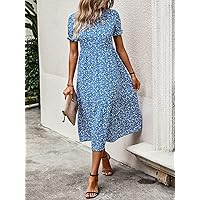 Women's Dress Dresses for Women Ditsy Floral Print Ruffle Hem Dress (Color : Blue and White, Size : X-Large)