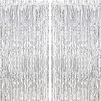 CHRORINE 2pcs 3ft x 8.3ft Silver Tinsel Foil Fringe Curtains Streamers Backdrop for Birthday Graduation Engagement Bridal Shower Bachelorette Baby Shower Holiday Party Decorations