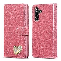 QLTYPRI Case for Samsung Galaxy A35 5G, Bling Shiny Glitter Flip Folio Case Full-Body Protective Cover Card Slots Magnetic Closure Kickstand Wrist Strap for Women Girls A35 5G Case - Pink
