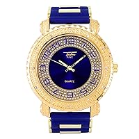 Techno Pave Mens 52mm Oversized Iced Silicone Band Watch with Numeral Dial - Gold Blue Dial
