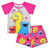 Sesame Street Elmo, Cookie Monster and Big Bird Girls’ T-Shirt and Short Set for Infant and Toddler – Pink/Grey