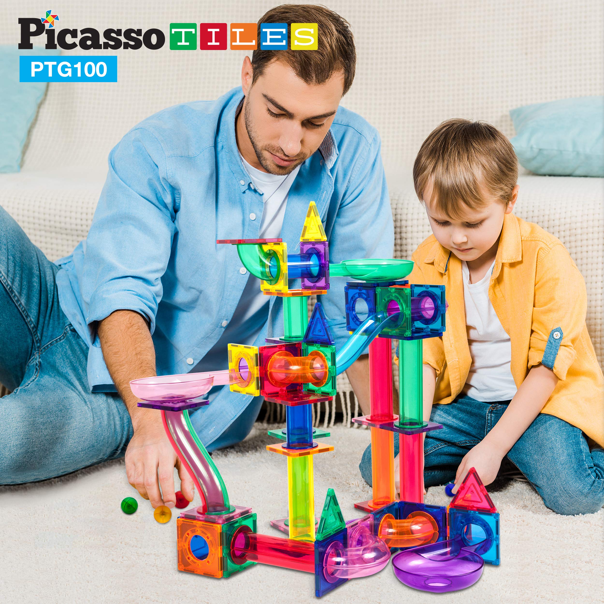 PicassoTiles Marble Run 100 Piece Magnetic Tile Race Track Toy Play Set STEM Building & Learning Educational Magnet Construction Child Brain Development Kit Boys Girls Age 3 4 5 6 7 8+ Years Old Toys