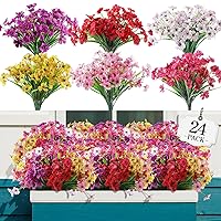 24 Bundles Artificial Flowers for Outdoor,No Fade Fake Plastic Flowers Faux Plants for Decoration Hanging Planters Indoor Outside Garden Porch Window Box Home Wedding Farmhouse