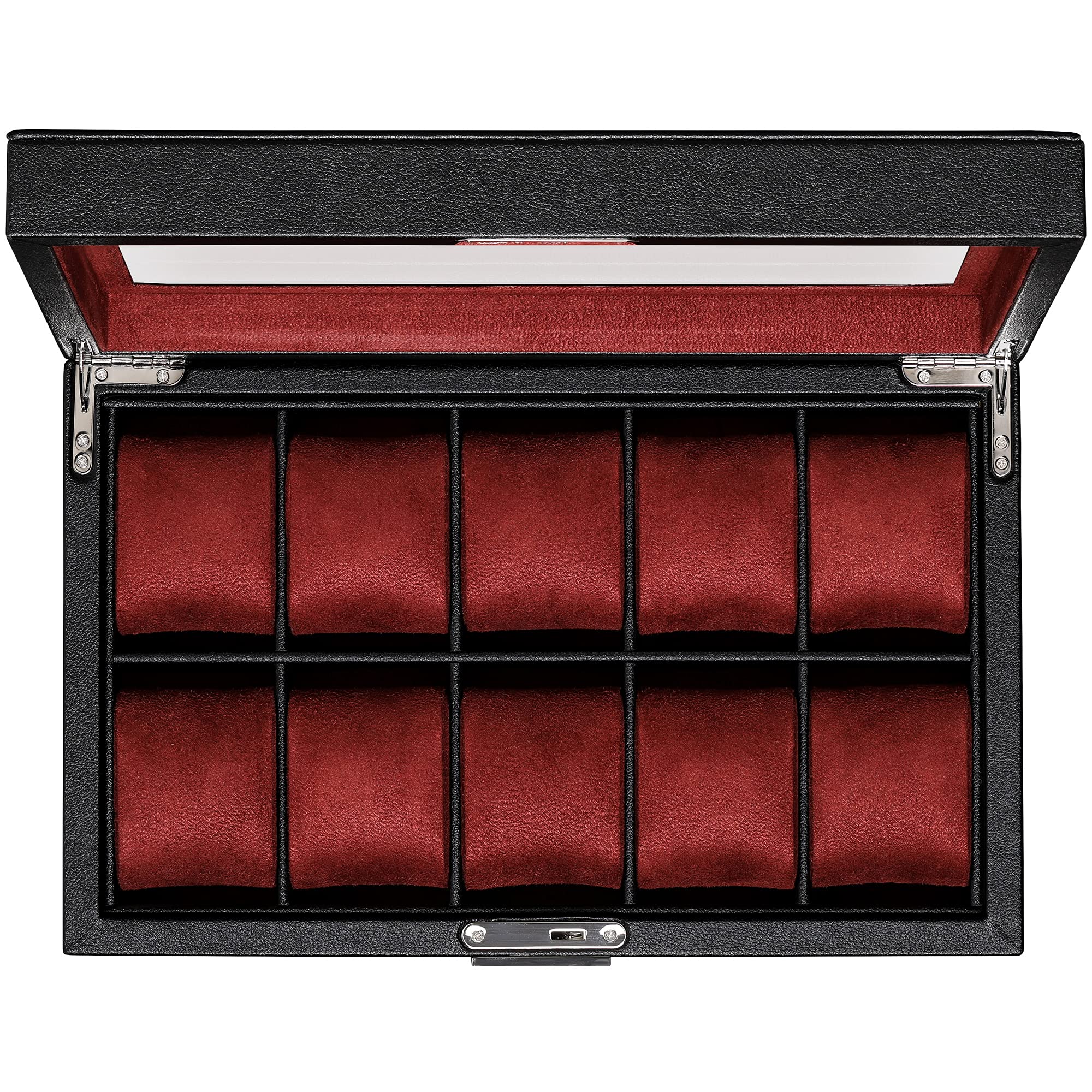 ROTHWELL 10 Slot Leather Watch Box - Luxury Watch Case Display Jewelry Organizer - Locking Watch Display Case Holder with Large Glass Top - Watch Box Organizer for Men and Women (Black/Red)