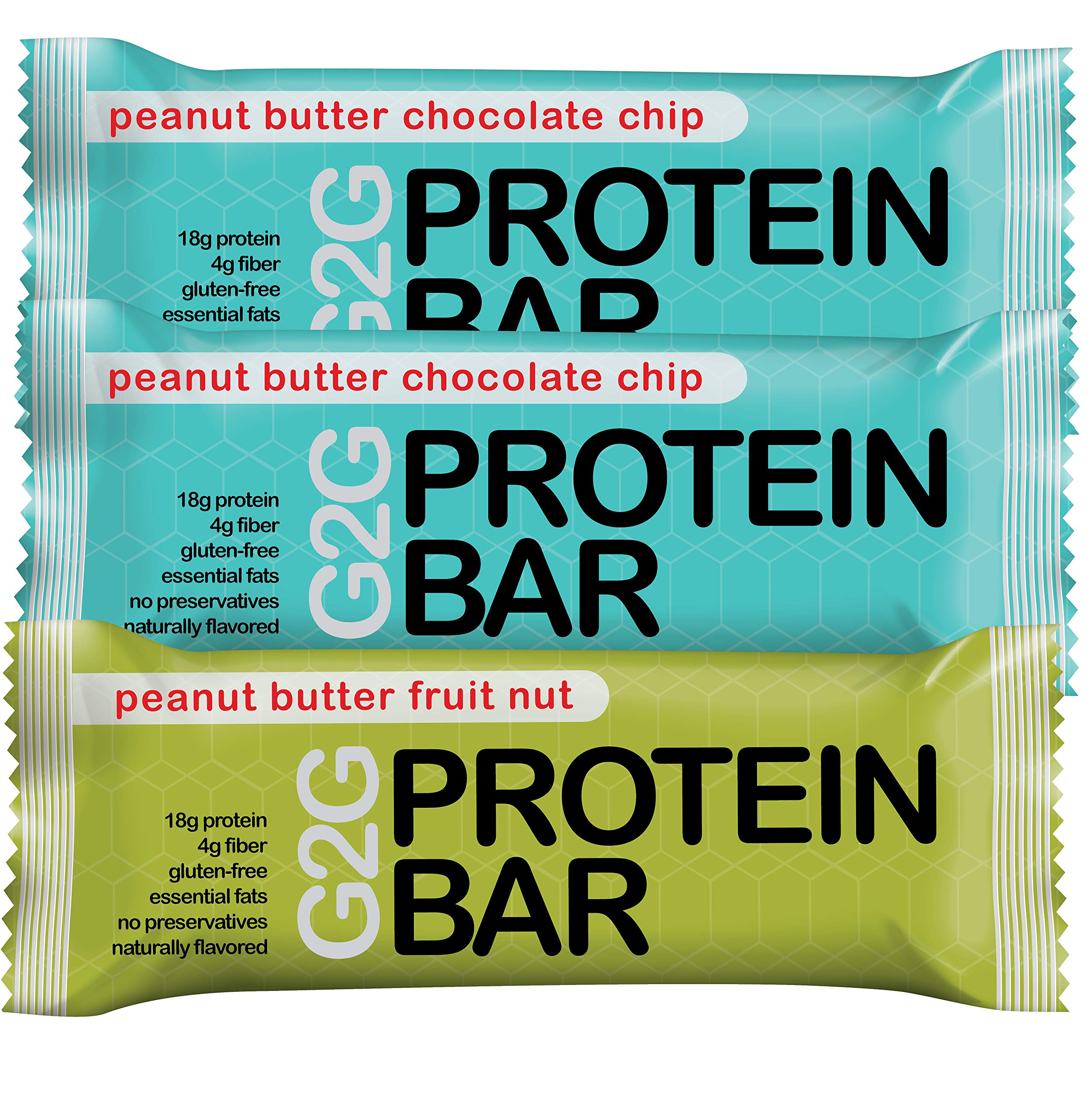 G2G Protein Bars - 24 Bars Meal Replacement Bar to Support Clean Eating, Gluten Free - Two Boxes of Peanut Butter Chocolate Chip and One Box of Pea...