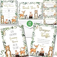 127 Pc Woodland Baby Shower Invitations For Boy And Girl With Envelopes, Baby Thank You Cards, Book Request Cards, Diaper Raffle Tickets & Sign, Guess How Many Baby Shower Game -25 Guest Set