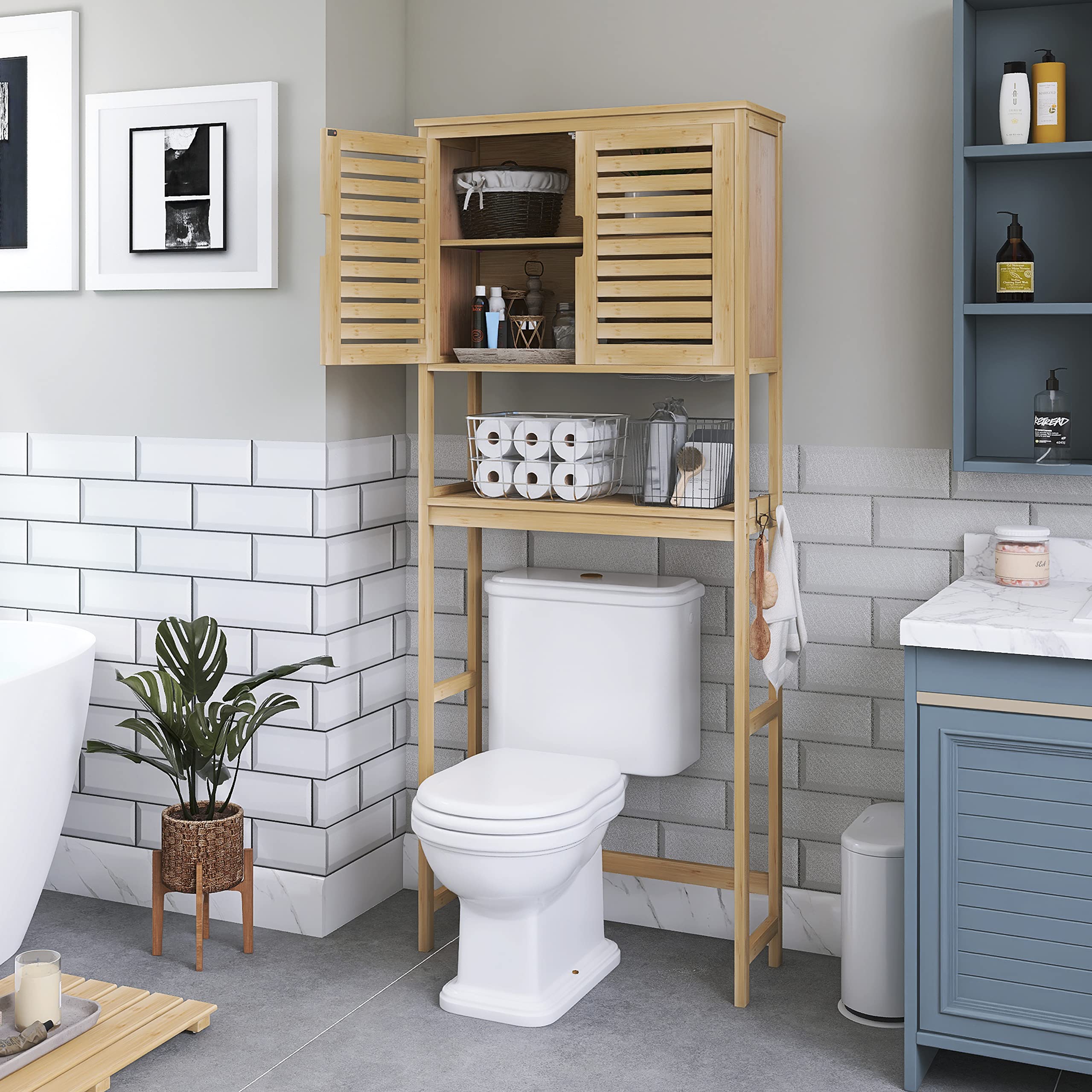 SMIBUY Bathroom Over The Toilet Storage Cabinet and Bathroom Cabinet Wall Mounted, Door Bamboo Cabinet Organizer and Space Saver Medicine Cabinet with 2 Door and Adjustable Shelves (Natural)