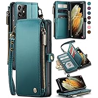 Defencase for Samsung S21 Ultra Case, RFID Blocking for Samsung Galaxy S21 Ultra Case Wallet for Women Men with Card Holder, Zipper Magnetic Flip PU Leather for Galaxy S21 Ultra Phone Case, Blue Green