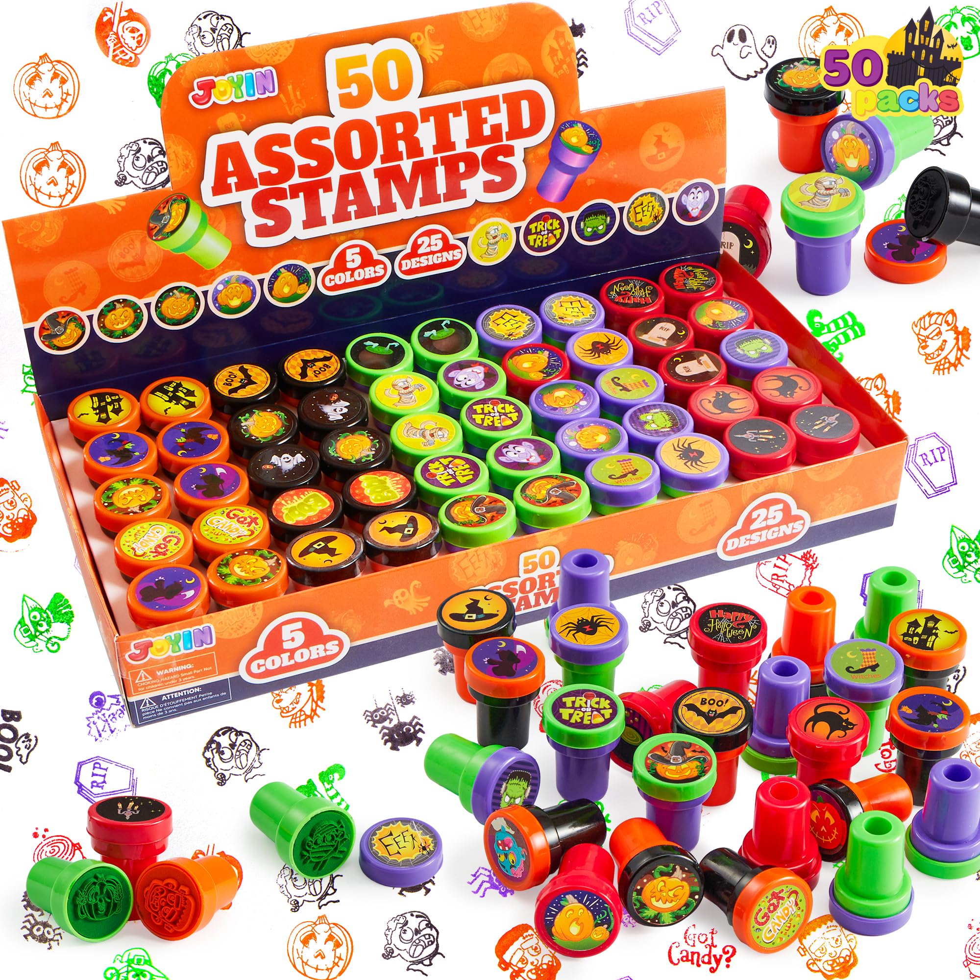 JOYIN 50 Pieces Halloween Assorted Stamps Kids Self Ink Stamps, 25 Designs Plastic Stamps, Trick Or Treat Stamps, Spooky Stamps for Halloween Party Gifts, Game Prizes, Halloween Goodies Bags