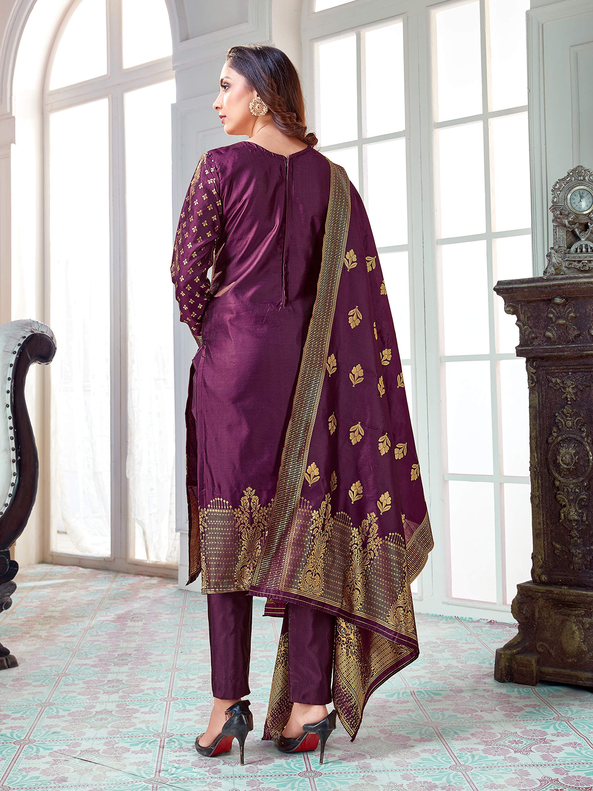 Indian Pakistani Women's Readymade Dress| Banarasi Art Silk Woven | Salwar Kameez Silk Dupatta Stitched Suit