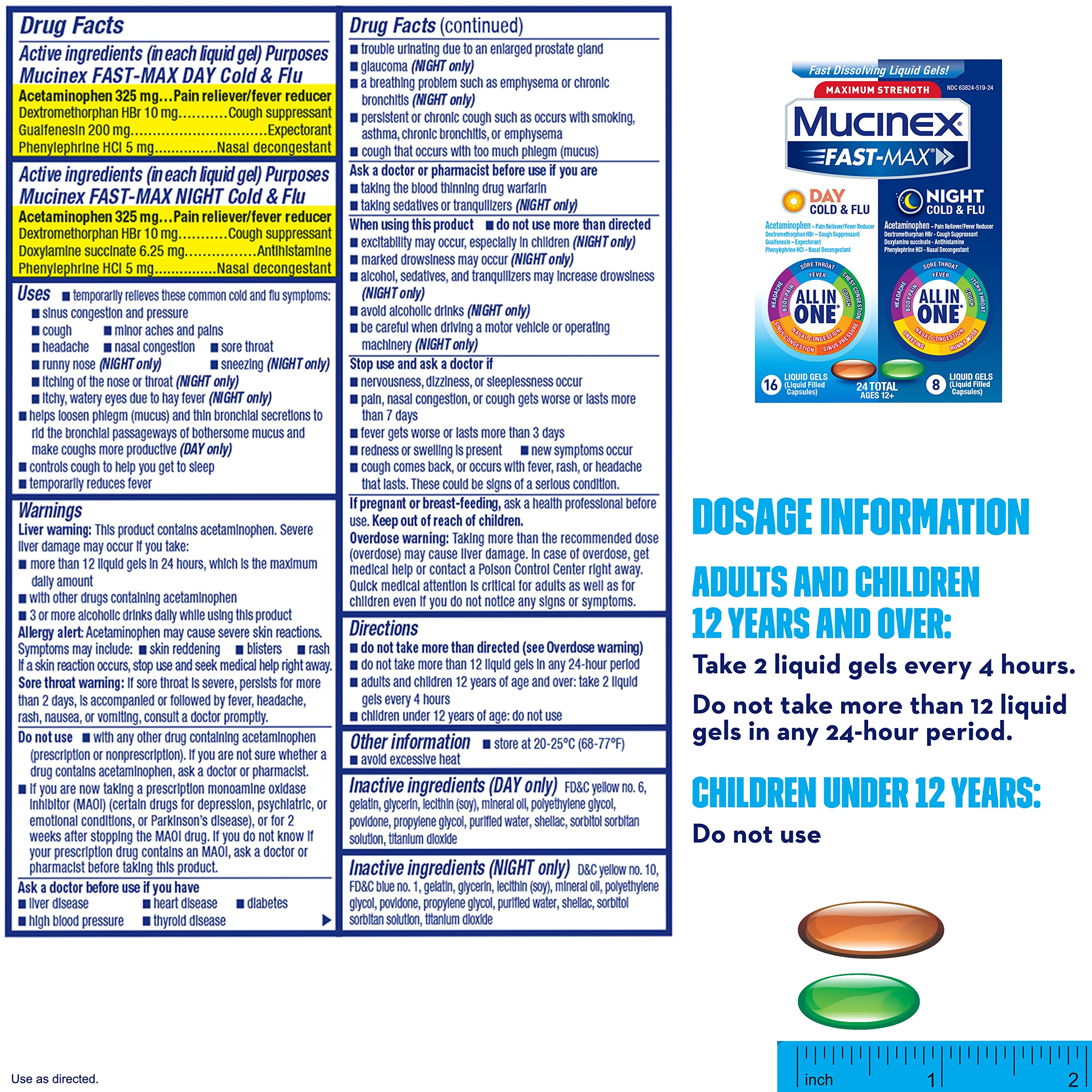 Mucinex Fast-Max Maximum Strength Cold & Flu Day and Night Medicine, All-in-One Multi-Symptom Relief Liquid Gels – 24 Count (16 Day time + 8 Night time) (Packaging May Vary) (Pack of 3)