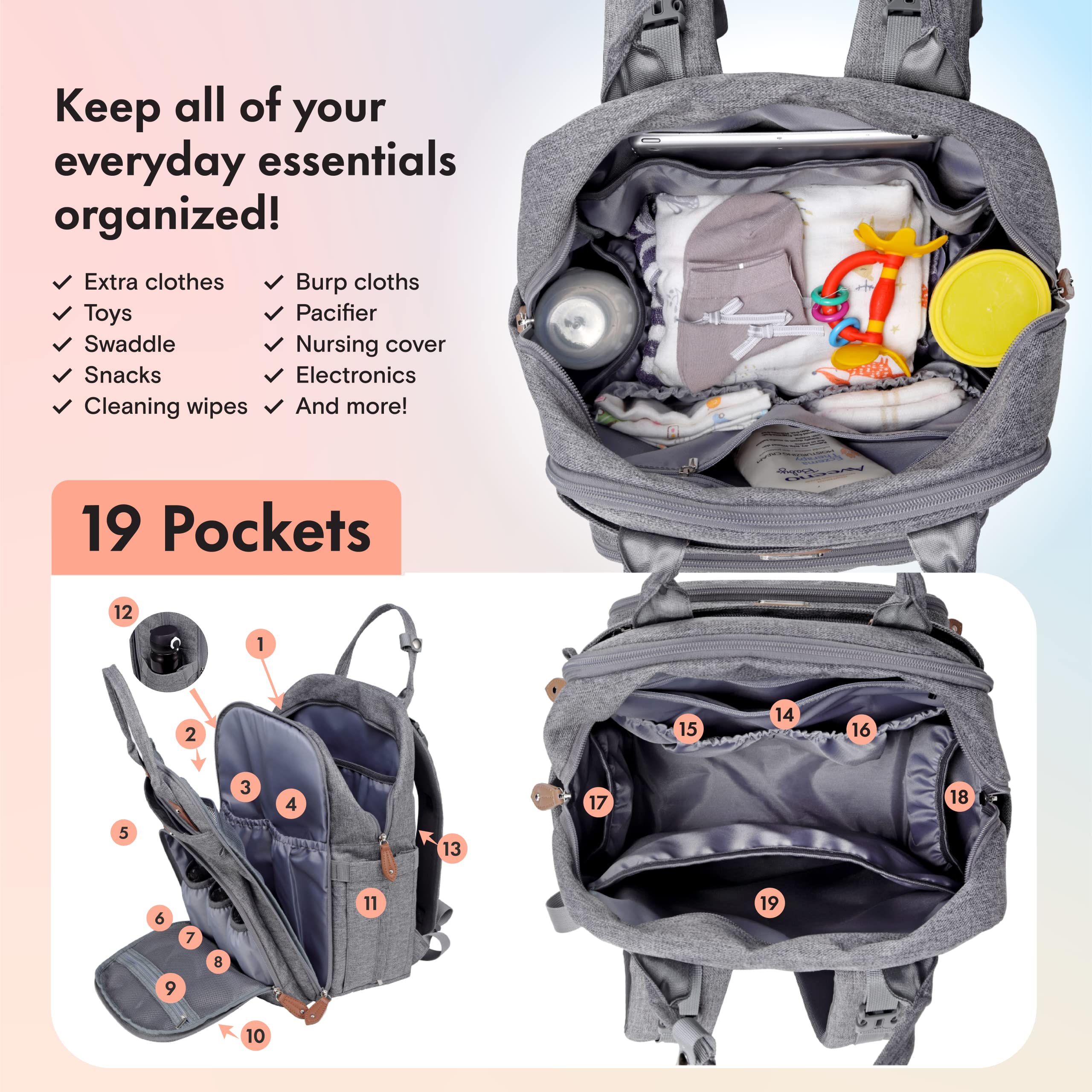 Dikaslon Diaper Bag Backpack with Portable Changing Pad, Pacifier Case and Stroller Straps, Large Unisex Baby Bags for Boys Girls, Multipurpose Travel Back Pack for Moms Dads, Gray