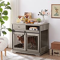 Okak Dog Crate Furniture Style Dog Cage Side Table With Drawers Wooden Dog Crate With Double Sliding Iron Doors Dog Kennel Indoor For Medium/Large Dog,Grey,35.43
