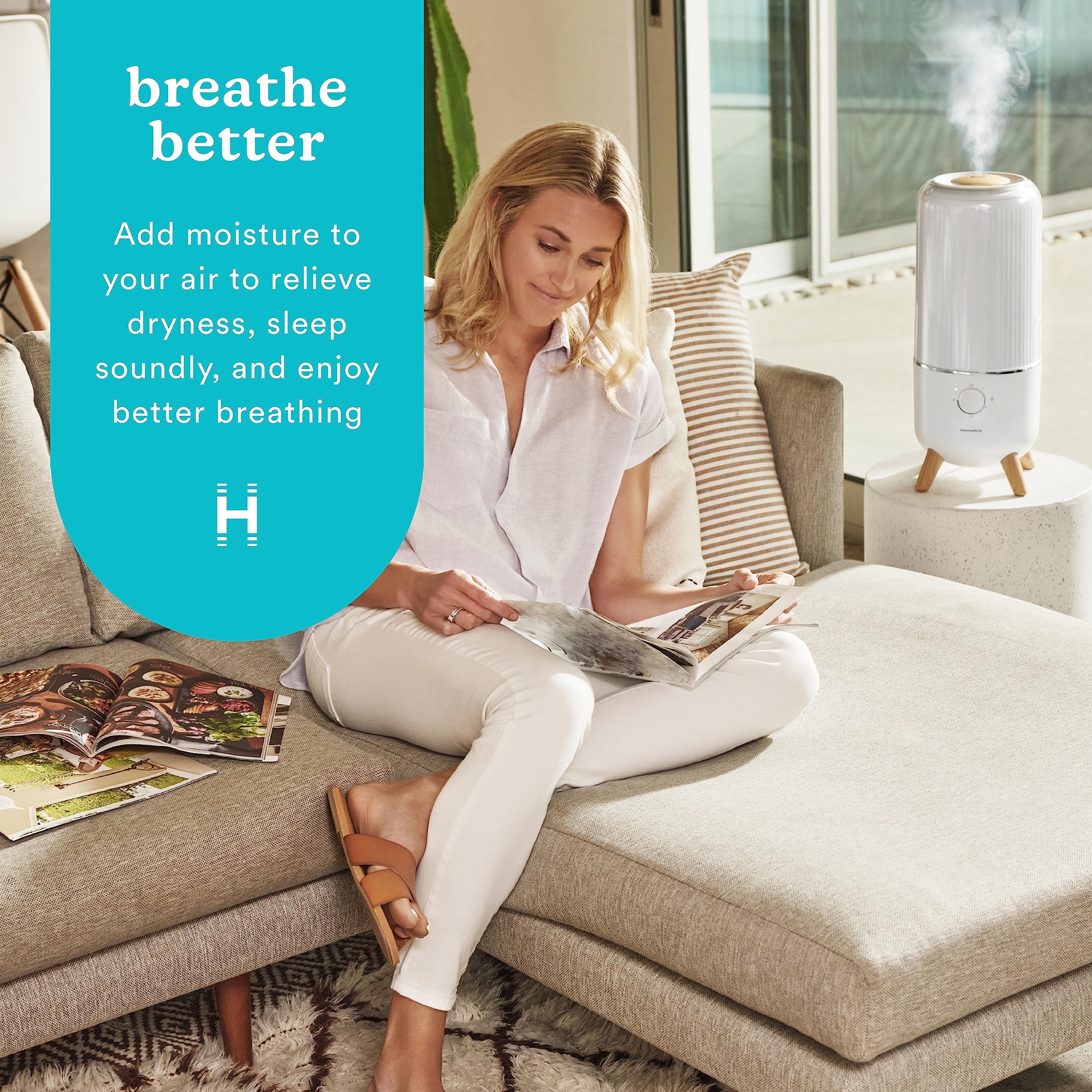 Homedics Ultrasonic Humidifier, Bedrooms and Home Offices, 0.97-Gallon Tank, 45-Hour Runtime, Visible Ultra-Quiet Cool Mist, Aromatherapy, Demineralization Cartridge, Night-Light, Auto-Off, White