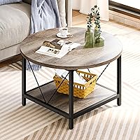 Round Coffee Table,Rustic Wood Coffee Tables for Living Room with Storage Shelf, Modern Farmhouse Circle Coffee Table Center with Sturdy Metal Legs Home Furniture, Grey Wash