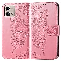for Motorola G Play 5G 2024(NOT 4G) Case Premium PU Leather Wallet Case with Card Holder Kickstand Magnetic Shockproof Flip Folio Protection Cover for Moto G Play 5G 2024 Butterfly Pink SD
