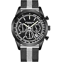 Stuhrling Original Chronograph Mens Watch Analog Watch Dial with Date - Tachymeter, Leather or Mesh Band (Black-Silver)