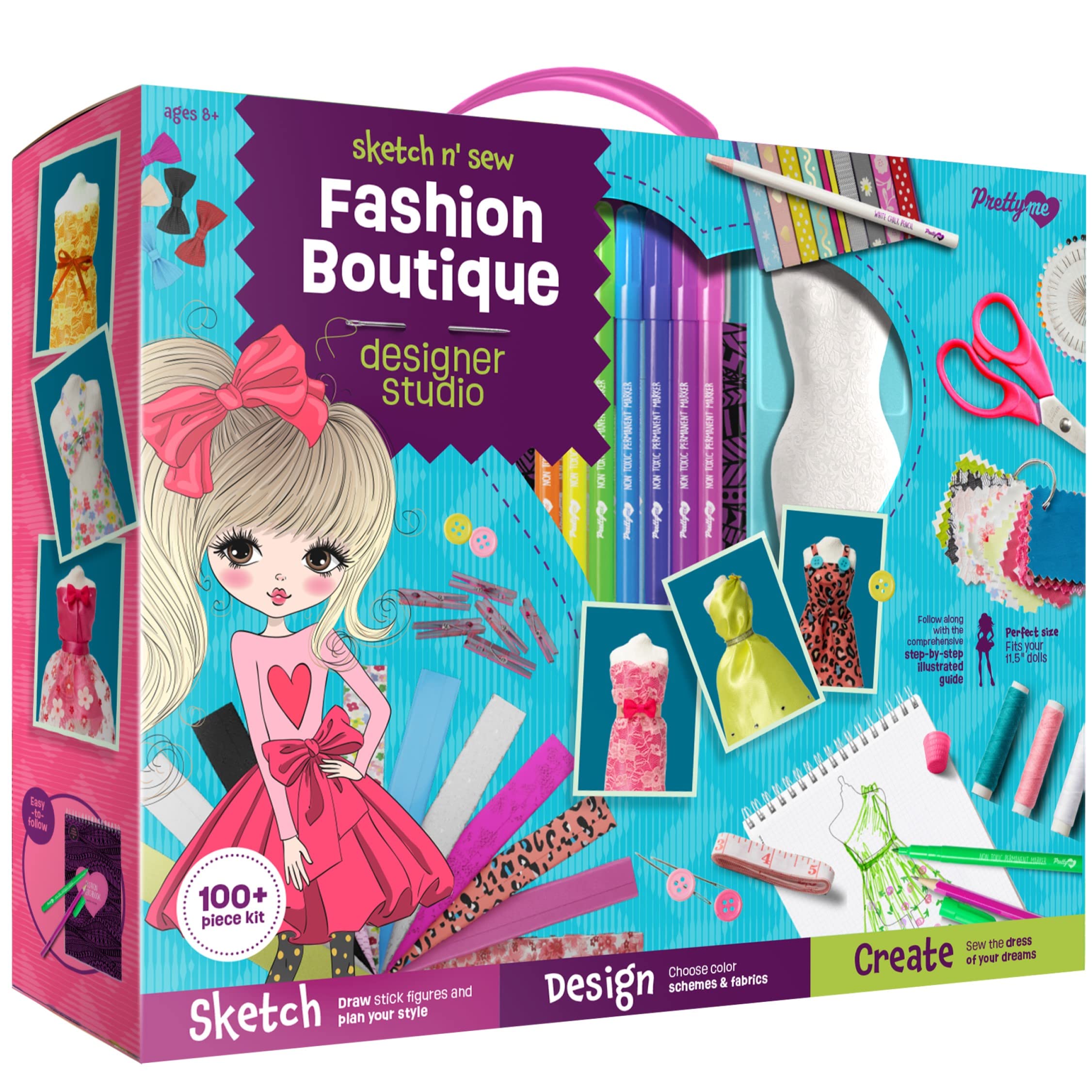 Fashion Design Studio - Sewing Kit for Kids - Girls Arts & Crafts Kits Age 6, 7, 8, 9, 10-12 - Learn to Sketch & Sew with Real Designer Sketchbook - Kid Art Project Gift - Girl Craft Activities Gifts