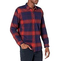Amazon Essentials Men's Long-Sleeve Flannel Shirt (Available in Big & Tall), Dark Blue Orange Large Plaid, Medium