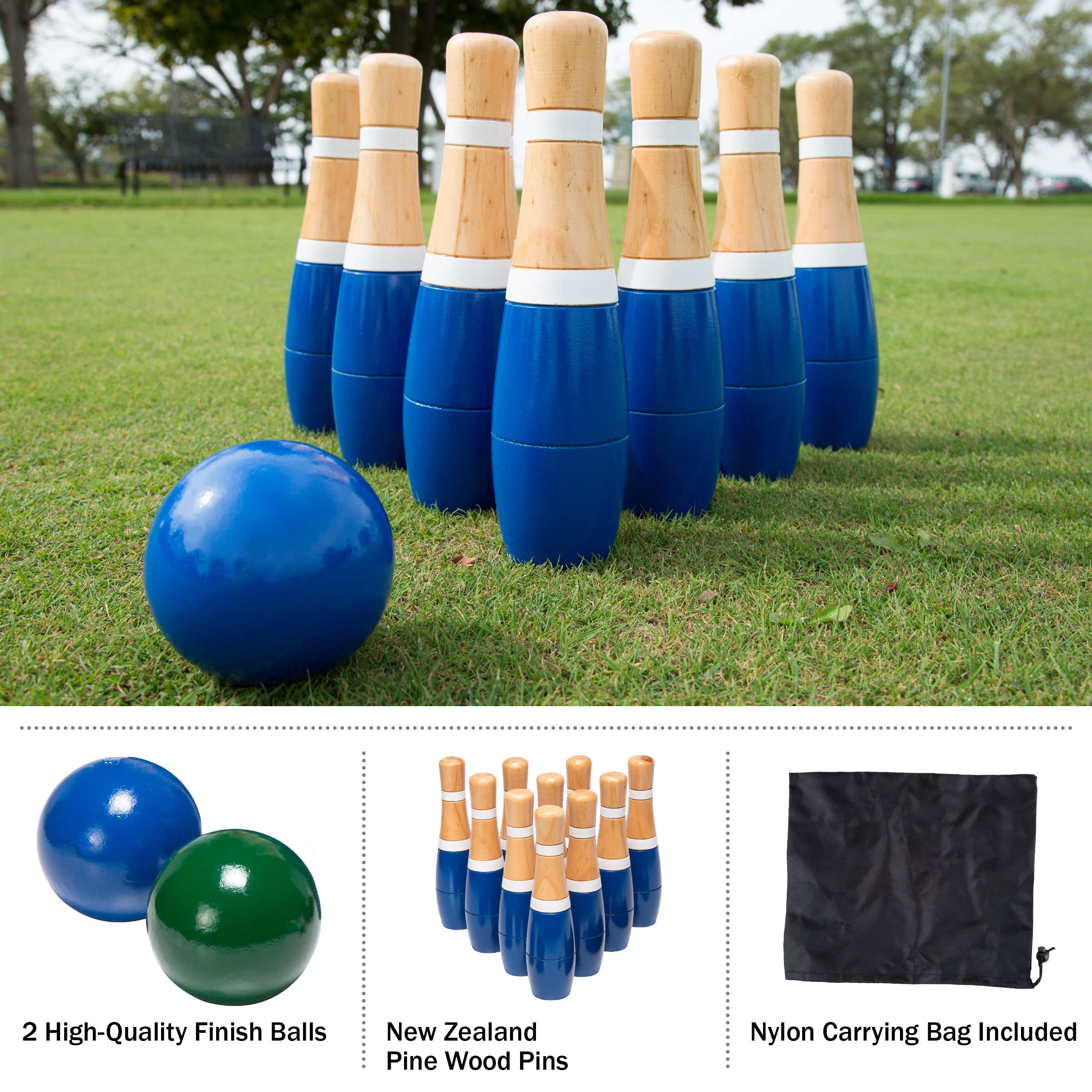 Backyard Lawn Bowling Game – Indoor and Outdoor Family Fun for Kids and Adults – 10 Wooden Pins, 2 Balls, and Mesh Carrying Bag by Hey! Play! (8-Inch)