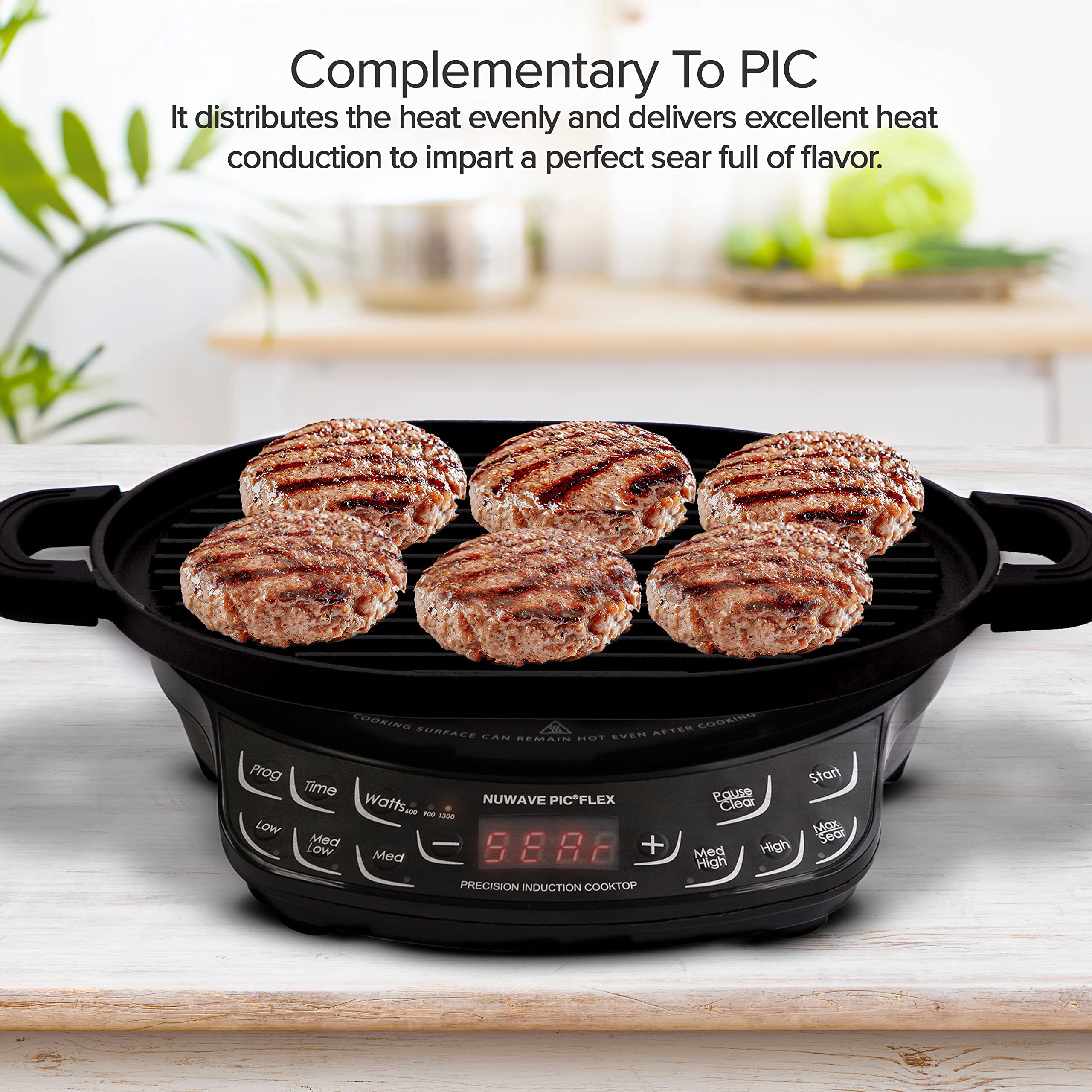 Nuwave Cast Iron Grill, 12.42”x10.21” Non-Stick Grilling Surface, Deep Grill Ridges, Pre-Seasoned, Stay-Cool Silicone Handles, Easy-to-Clean, Oven Safe, Stovetop, BBQ, Fire & Smoker, Induction-Ready